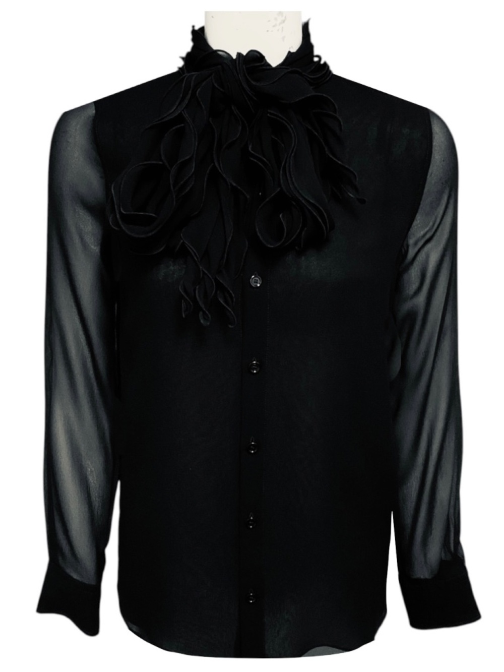 BURBERRY BLACK RUFFLED TIE NECK LONG SLEEVED SILK BLOUSE